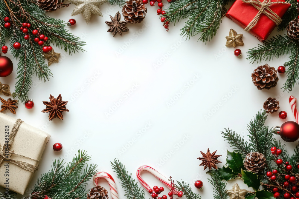 Frame made from fir tree branches, holiday decorations, candy and gift boxes.
Frame made from fir tree branches, holiday decorations, candy and gift boxes.