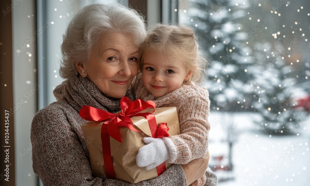 Warm embrace of a grandmother and granddaughter sharing a festive moment by the snowy window, holding a beautifully wrapped present Warm embrace of a grandmother and granddaughter sharing a festive moment by the snowy window, holding a beautifully wrapped present