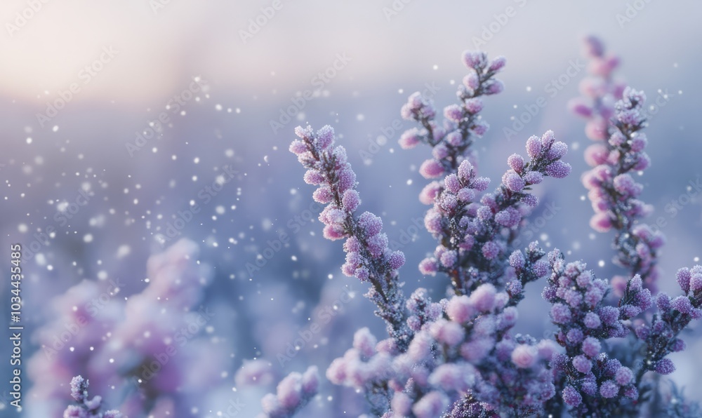 Heather plant in full bloom, tiny purple flowers covered in frost, set against a snowy backdrop Heather plant in full bloom, tiny purple flowers covered in frost, set against a snowy backdrop