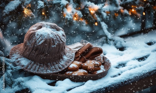 Hat and gloves lying on a snow-covered bench, with a tray of biscuits, gingerbread, and a garland overhead