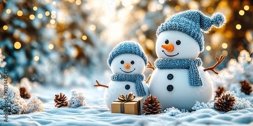 Two happy snowmen enjoying winter wonderland with golden gift