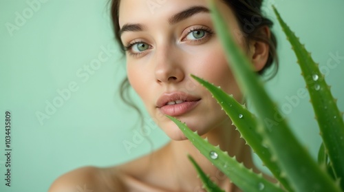 A beautiful woman with clear skin poses alongside a fresh aloe vera plant, emphasizing natural beauty and skincare. The green background enhances the overall feeling of freshness and vitality.

