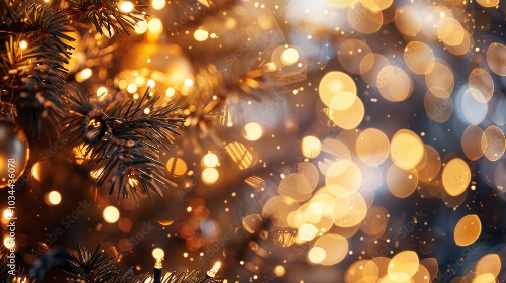 Warm festive holiday scene with glowing christmas lights and evergreen branches for seasonal decor Warm festive holiday scene with glowing christmas lights and evergreen branches for seasonal decor