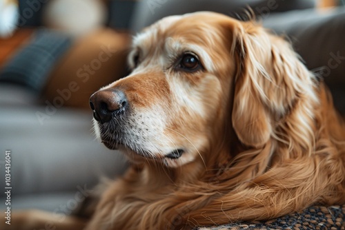 A golden retriever sits calmly on a soft couch, enjoying a serene moment at home. The warm afternoon light adds a cozy touch to the comfortable living space