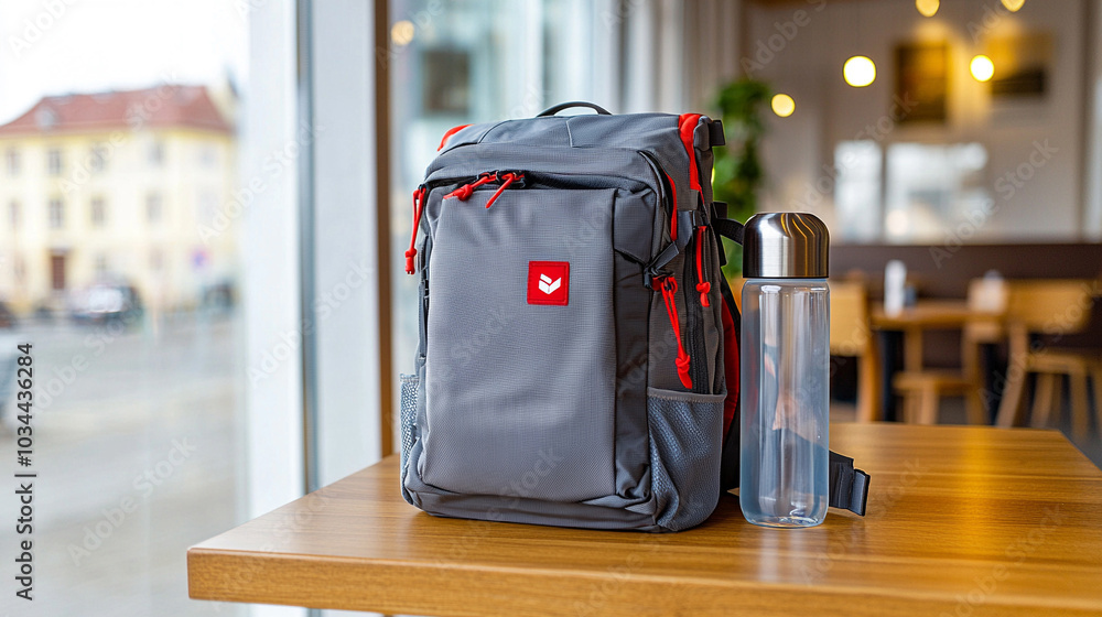 © abdlkerim - A close-up shot of a sporty backpack and water bottle displayed on a wooden table in a stylish cafe, emphasizing the sleek design and functionality of each accessory.