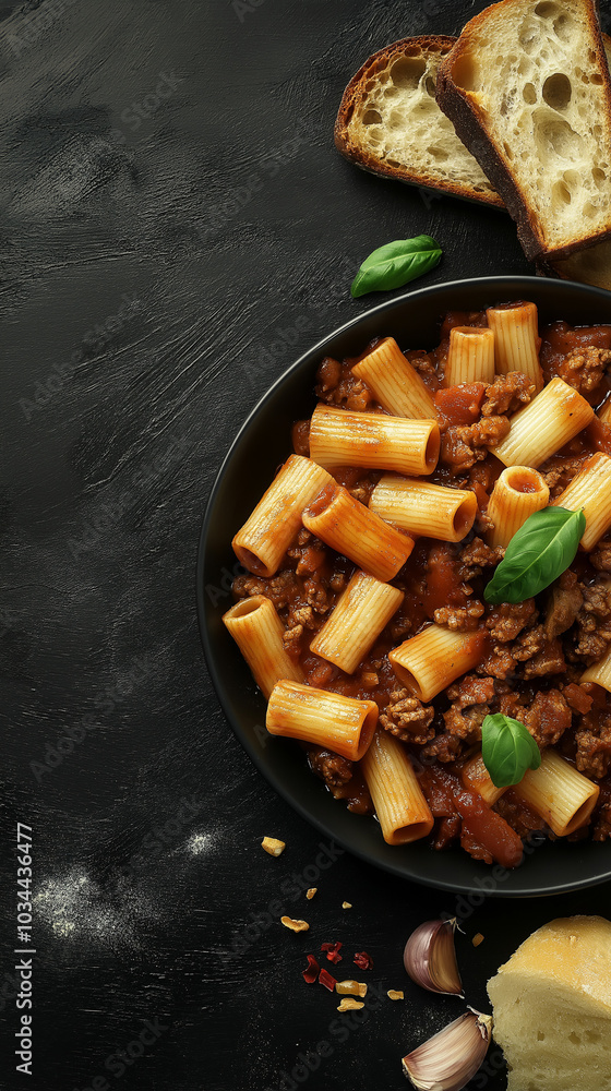 Rigatoni with meat sauce and copy space