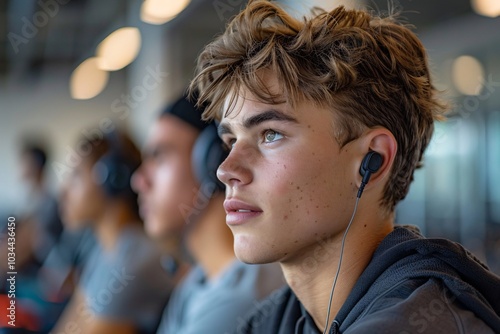 A teenager sits in a contemporary classroom, wearing headphones and concentrating intently on what is displayed on the screen in front of him. His peers are engaged in similar activities