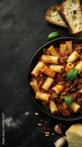 Obraz na płótnie Rigatoni with meat sauce and copy space w salonie