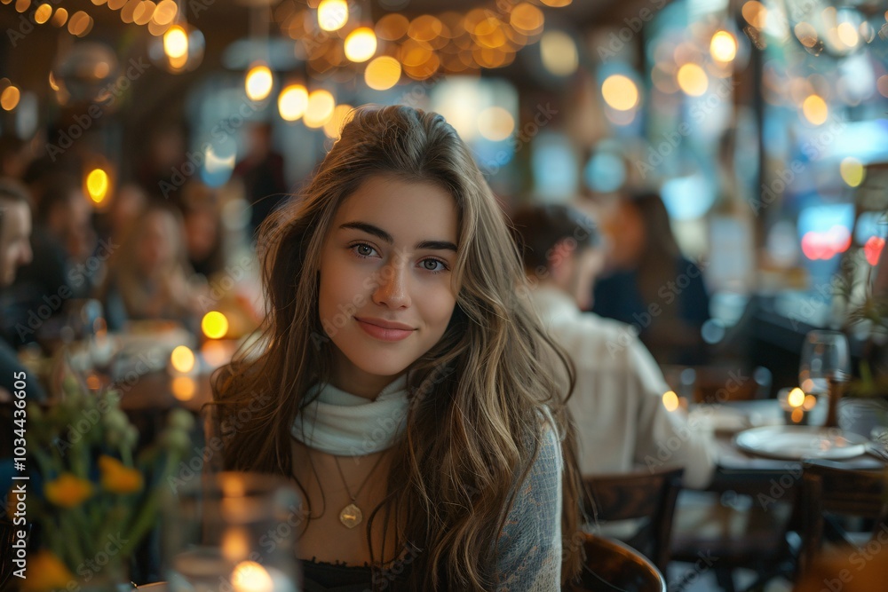 A young woman sits at a table in a charming restaurant, surrounded by soft light and fellow diners, exuding a relaxed and joyful ambiance during a quiet evening meal A young woman sits at a table in a charming restaurant, surrounded by soft light and fellow diners, exuding a relaxed and joyful ambiance during a quiet evening meal