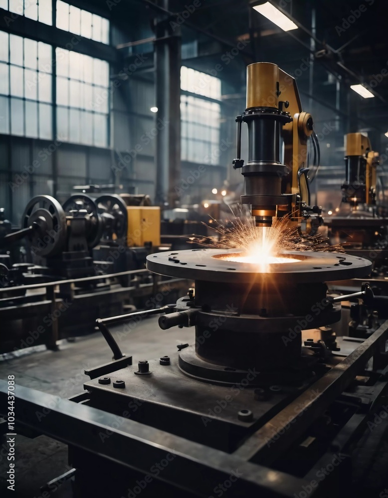 Manufacturing foundry facility filled with milling machines is actively producing components. Environment is industrial, characterized by machinery tools, visible sparks, suggesting precision work. AI