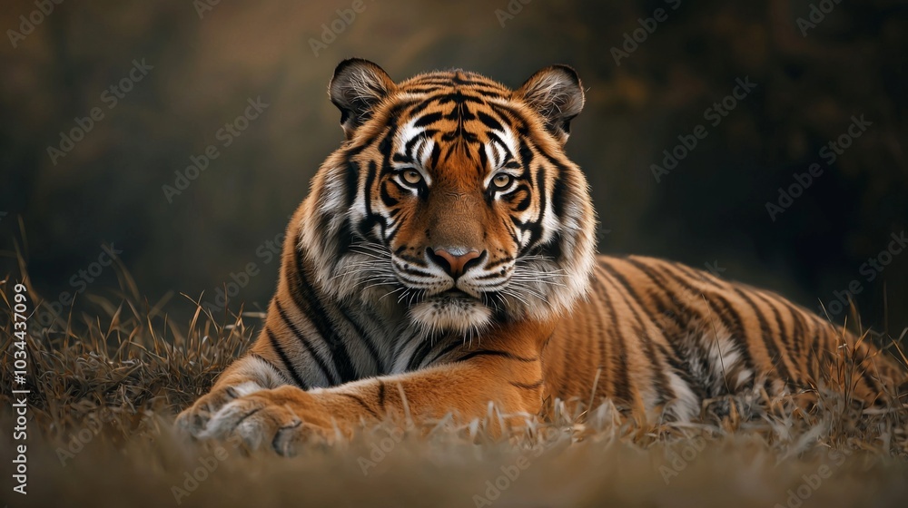 Close-up of a majestic tiger resting in the grass, with intense eyes Close-up of a majestic tiger resting in the grass, with intense eyes