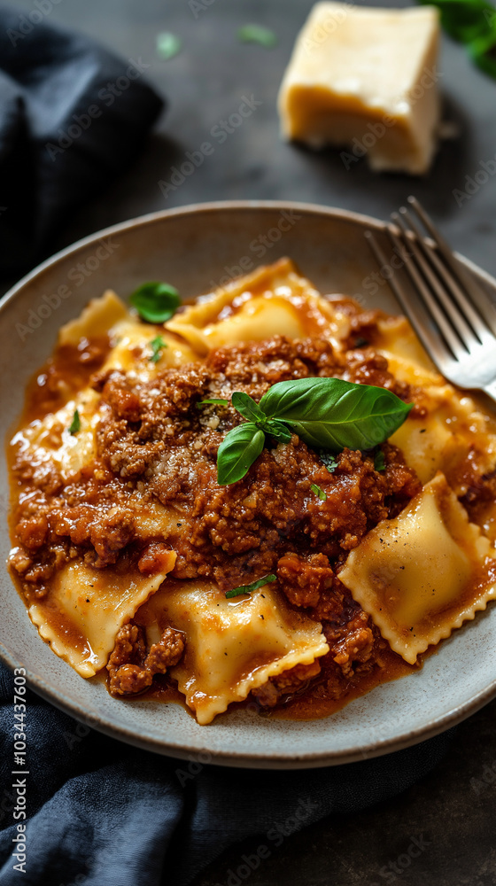 Ravioli with meat sauce from overhead Ravioli with meat sauce from overhead