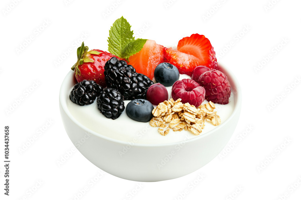 Bowl of yogurt topped with granola, strawberries, and raspberries isolated on white background. Concept of healthy breakfast or snack Bowl of yogurt topped with granola, strawberries, and raspberries isolated on white background. Concept of healthy breakfast or snack