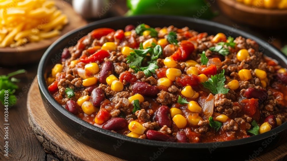 The national cuisine of Mexico: Beef with beans and corn in Mexican style. The national cuisine of Mexico: Beef with beans and corn in Mexican style.