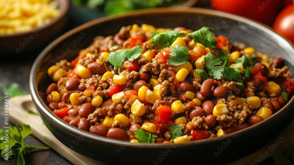 The national cuisine of Mexico: Beef with beans and corn in Mexican style. The national cuisine of Mexico: Beef with beans and corn in Mexican style.