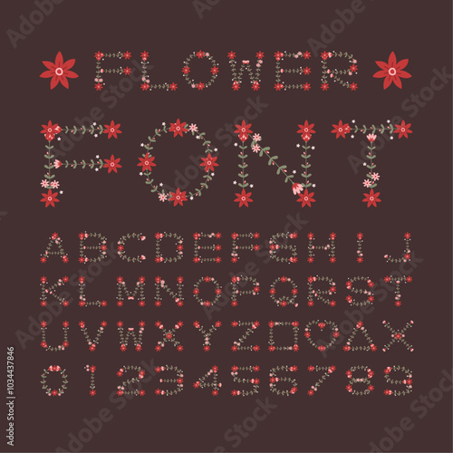 Isolated red and pink daisy flower font alphabet character with number and symbol