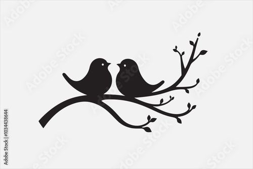 A black silhouette of two small birds sitting on a thin.