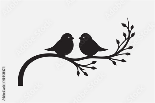 A black silhouette of two small birds sitting on a thin.