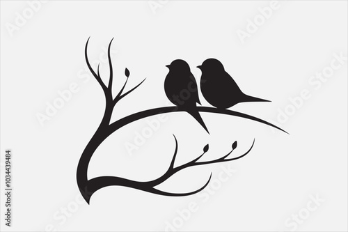 A black silhouette of two small birds sitting on a thin.