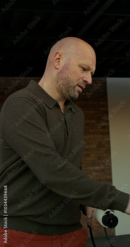 A man in casual clothes connects a charger to an electric car parked in front of a stylish cottage. A sunny day A man in casual clothes connects a charger to an electric car parked in front of a stylish cottage. A sunny day