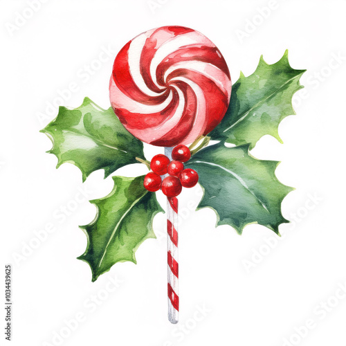 Watercolor christmas red and white lollipop on a white background