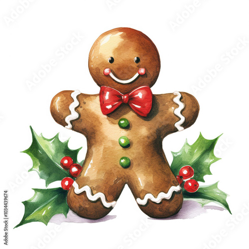Wallpaper Mural Watercolor painting of a gingerbread man with holly and red berries isolated on white background Torontodigital.ca