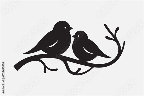 A black silhouette of two small birds sitting on a thin.