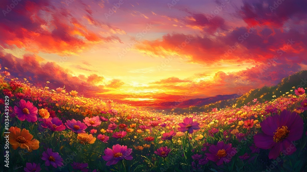 sunset over flower field. sunset over flower field.