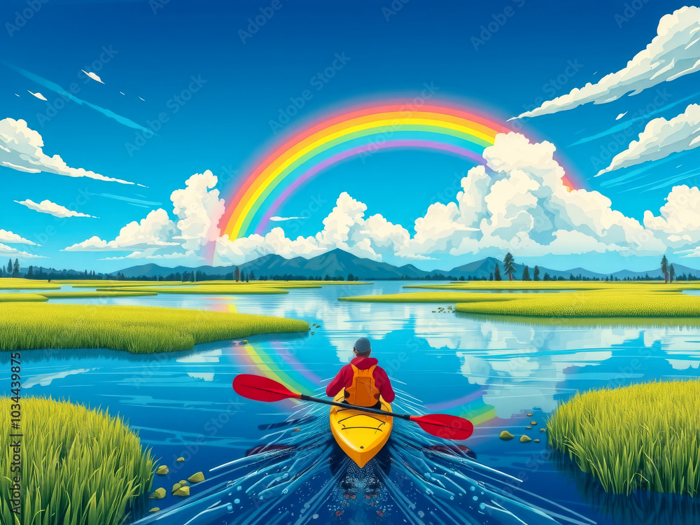 A man in a red life jacket paddles a kayak on a river. The sky is blue and the water is calm. A rainbow is visible in the background, adding a sense of wonder and beauty to the scene