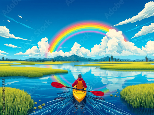 Obraz na płótnie A man in a red life jacket paddles a kayak on a river. The sky is blue and the water is calm. A rainbow is visible in the background, adding a sense of wonder and beauty to the scene w salonie