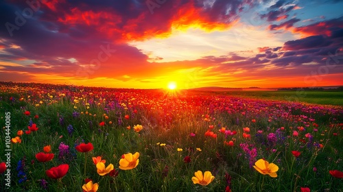 sunset over flower field. 