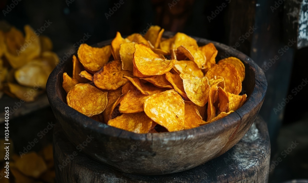 Crispy sweet potato chips piled high in a rustic wooden bowl, golden and savory, a classic Brazilian-inspired snack or side dish Crispy sweet potato chips piled high in a rustic wooden bowl, golden and savory, a classic Brazilian-inspired snack or side dish