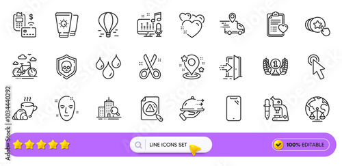 Pos terminal, Cut and Food delivery line icons for web app. Pack of Cursor, Coffee break, Health skin pictogram icons. Bike rental, Search document, Delivery truck signs. Patient history. Vector