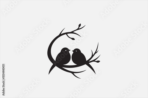 A black silhouette of two small birds sitting on a thin.