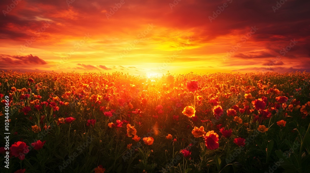 sunset over flower field. sunset over flower field.