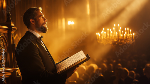 A rabbi addresses a large congregation during a Hanukkah service at the Great Synagogue