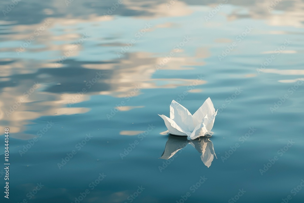 A White Paper Boat Floating on Calm Water with Reflections of the Sky A White Paper Boat Floating on Calm Water with Reflections of the Sky