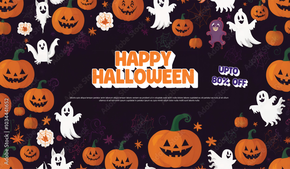 Halloween banner with a happy ghost and pumpkin on it. The banner is for Halloween sale for 80% off Halloween banner with a happy ghost and pumpkin on it. The banner is for Halloween sale for 80% off