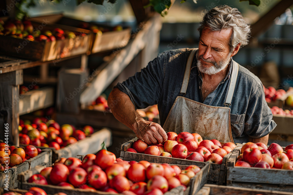 A farmer inspects fresh, ripe apples in wooden crates, showcasing his commitment to quality at an orchard market during the afternoon. A farmer inspects fresh, ripe apples in wooden crates, showcasing his commitment to quality at an orchard market during the afternoon.