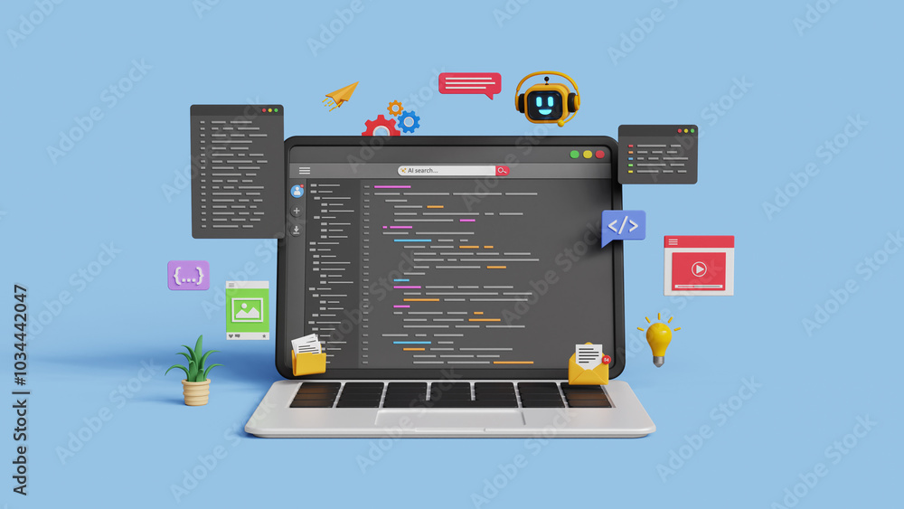 AI code assistant or web development. AI software technology. Software development or coding process concept. 3D smart robot help to write code. Coding UI screen on 3d laptop AI code assistant or web development. AI software technology. Software development or coding process concept. 3D smart robot help to write code. Coding UI screen on 3d laptop