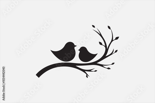 A black silhouette of two small birds sitting on a thin.