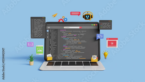 AI code assistant or web development. AI software technology. Software development or coding process concept. 3D smart robot help to write code. Coding UI screen on 3d laptop