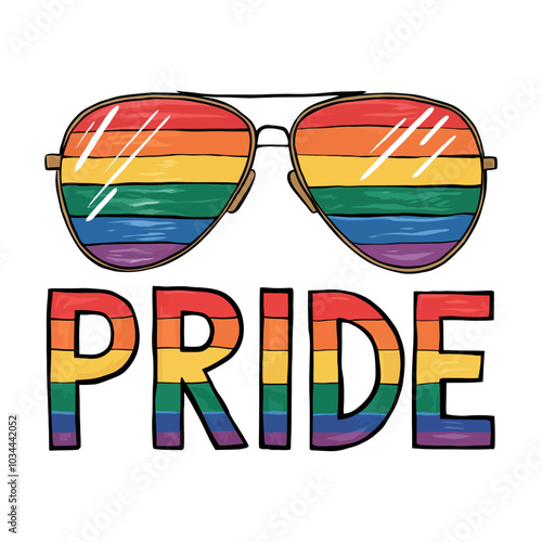 Hand-drawn illustration of rainbow-colored sunglasses with the word 'PRIDE' in bold multicolored letters, celebrating LGBTQ+ identity and rights