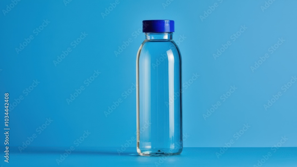 Transparent Glass Water Bottle with Blue Cap Set Against a Bright Blue Backdrop Transparent Glass Water Bottle with Blue Cap Set Against a Bright Blue Backdrop