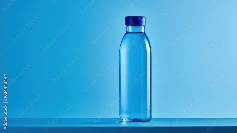 Stylish Clear Water Bottle Against Blue Background Stylish Clear Water Bottle Against Blue Background