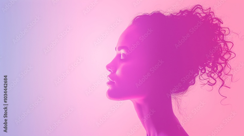 Silhouette of woman with curly hair, pink and purple gradient overlay, side profile, artistic lighting, conceptual photography, minimalistic design, abstract style, soft copyspace.
Silhouette of woman with curly hair, pink and purple gradient overlay, side profile, artistic lighting, conceptual photography, minimalistic design, abstract style, soft copyspace.