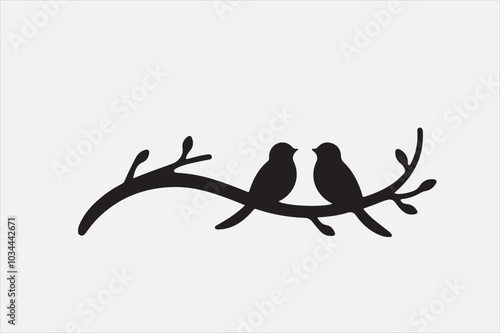 A black silhouette of two small birds sitting on a thin.