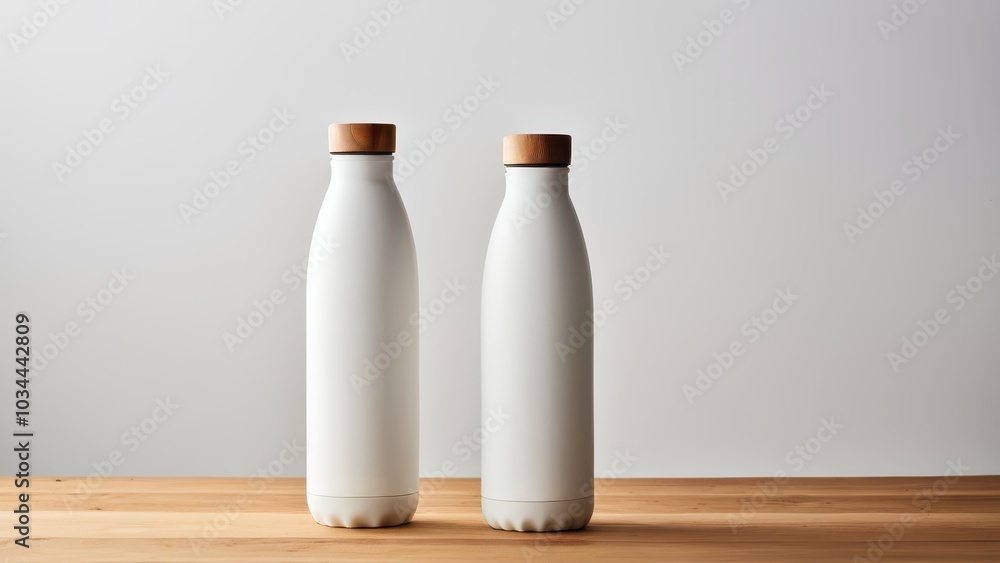 Pair of Modern White Water Bottles with Wooden Caps on Wooden Table Pair of Modern White Water Bottles with Wooden Caps on Wooden Table