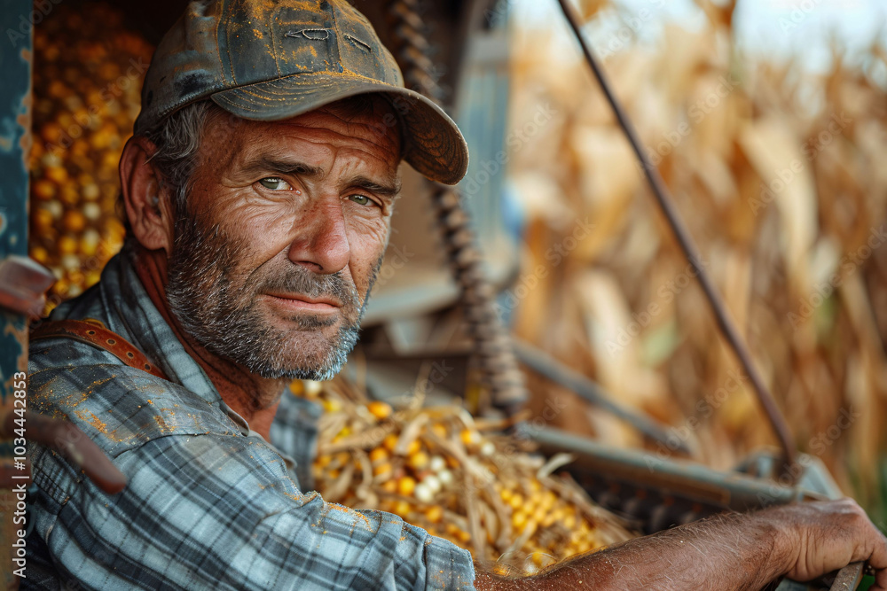 A weathered farmer leans against machinery, taking a moment to reflect while surrounded by harvested corn. The golden light of sunset casts a warm glow over the scene. A weathered farmer leans against machinery, taking a moment to reflect while surrounded by harvested corn. The golden light of sunset casts a warm glow over the scene.