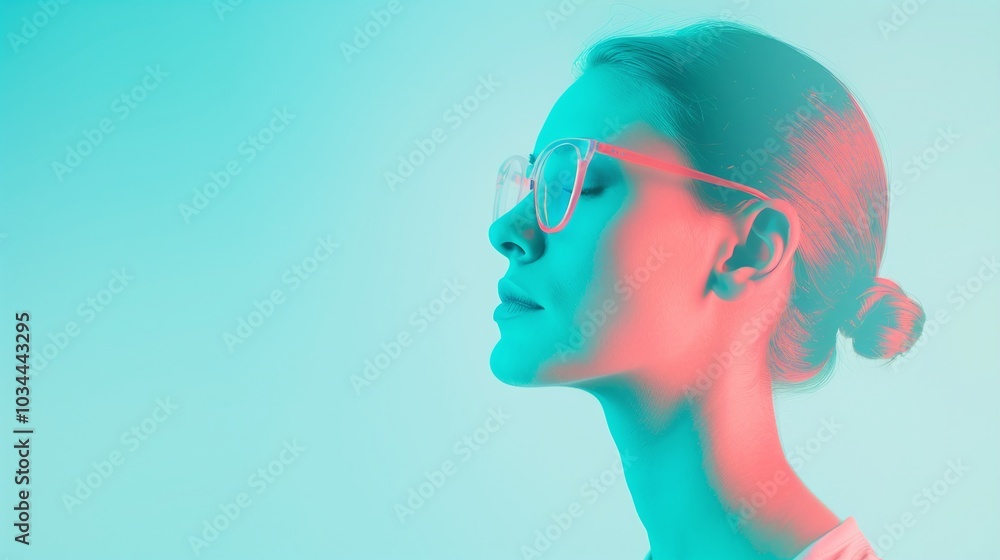 Young Woman with Glasses in Neon Pink and Blue Lighting, Minimalistic Portrait with Closed Eyes, Peaceful Expression, Abstract Art Concept with Gradient Background
Young Woman with Glasses in Neon Pink and Blue Lighting, Minimalistic Portrait with Closed Eyes, Peaceful Expression, Abstract Art Concept with Gradient Background